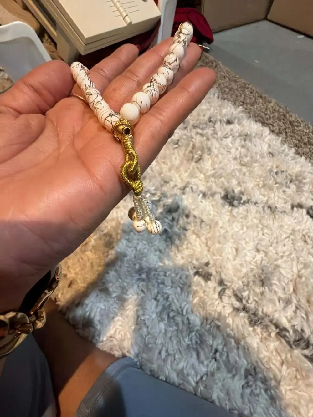 White Marble Howlite Tasbih Islamic Prayer Beads with Gold Tone Details